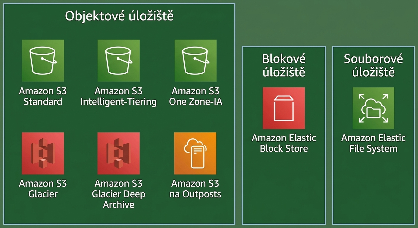 Tři pole – jedno zobrazující šest tříd úložiště v S3, druhé Elastic Block Store a třetí Elastic File System.