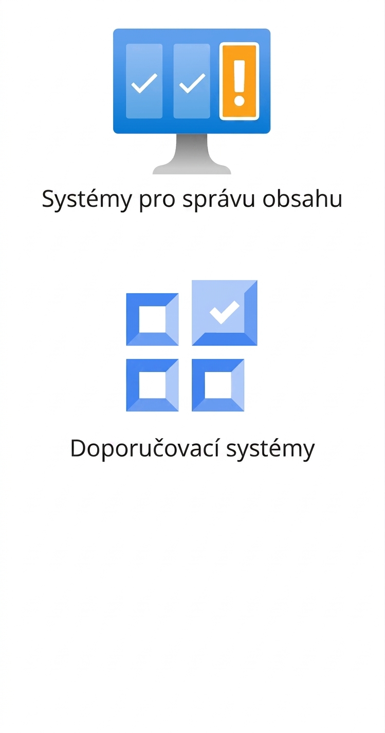 Ikony znázorňující systémy správy obsahu a doporučovací enginy.