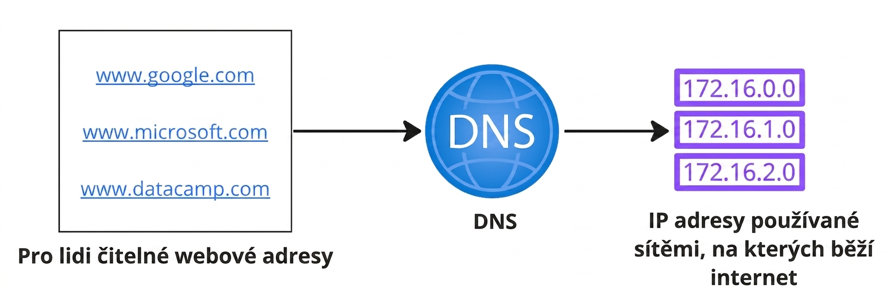 Vývojový diagram znázorňující převod čitelných webových adres na IP adresy.