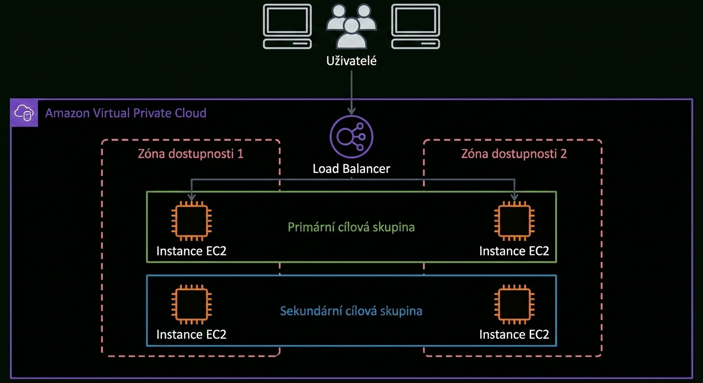 Diagram architektury znázorňující přesun požadavku uživatele z vyrovnávače zátěže na primární instance EC2.