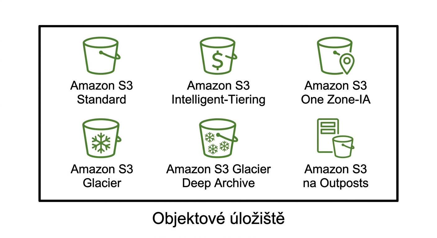 Šest ikon reprezentujících šest tříd úložiště dostupných v S3.