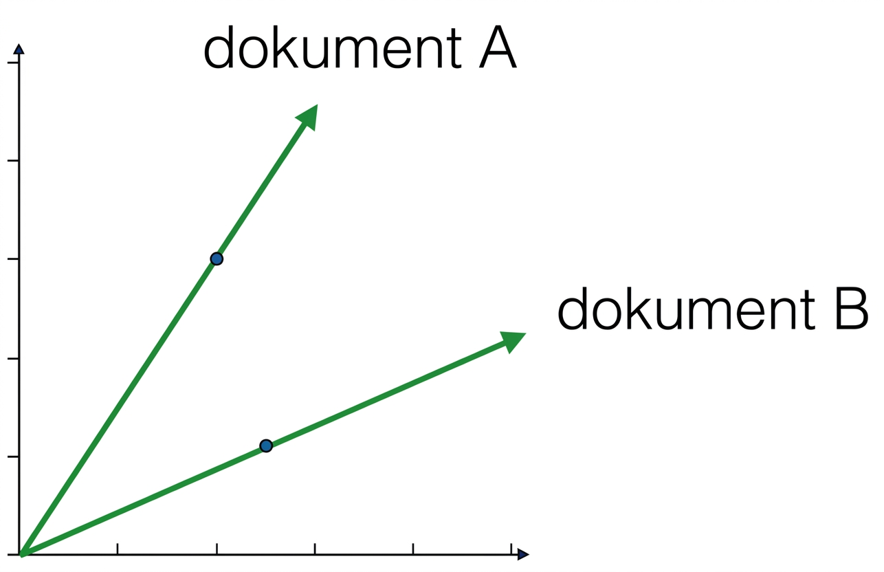 Bodový graf dokumentu A a dokumentu B, se dvěma přímkami procházejícími jimi pod různými úhly od počátku