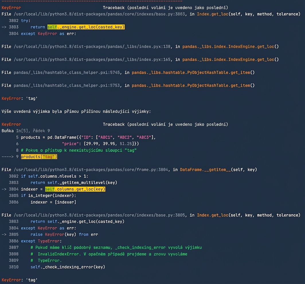 Traceback při přístupu k neexistujícímu sloupci pandas DataFrame