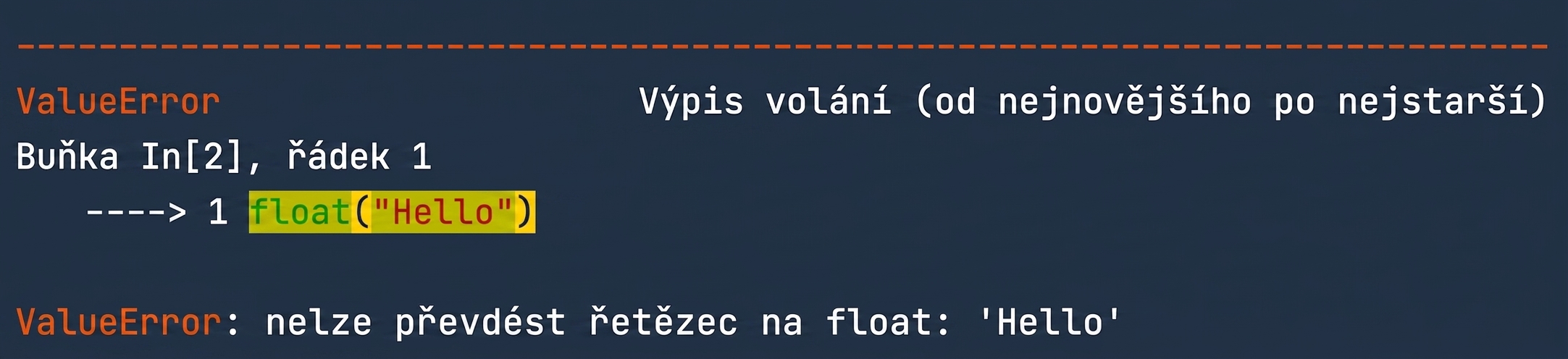 Výstup ValueError – řetězec 'Hello' nelze převést na float
