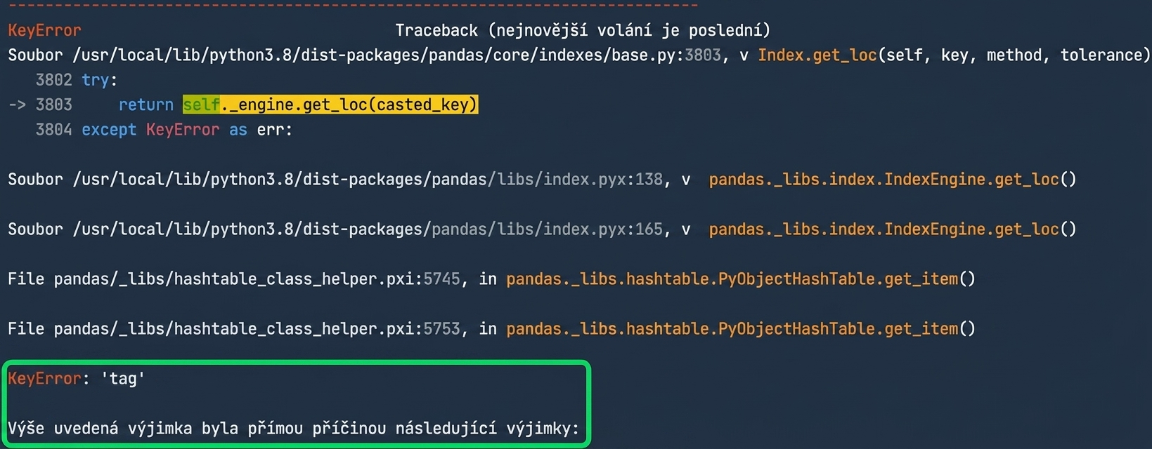 Traceback se zvýrazněnou chybou KeyError