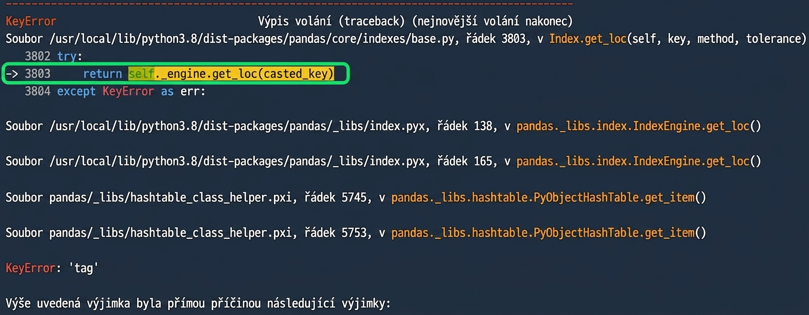 Traceback se zvýrazněným řádkem 3803