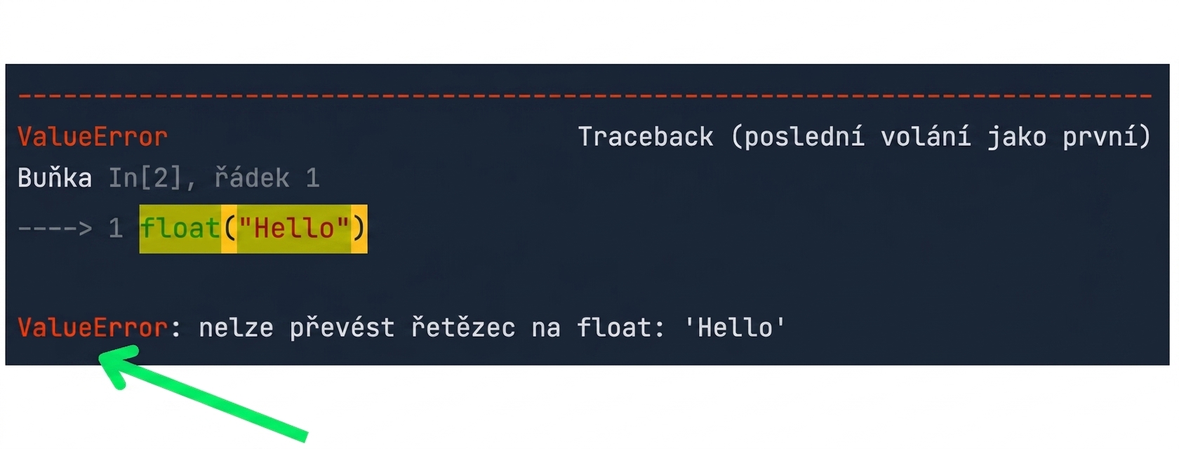 Zpráva traceback se zvýrazněním typu chyby