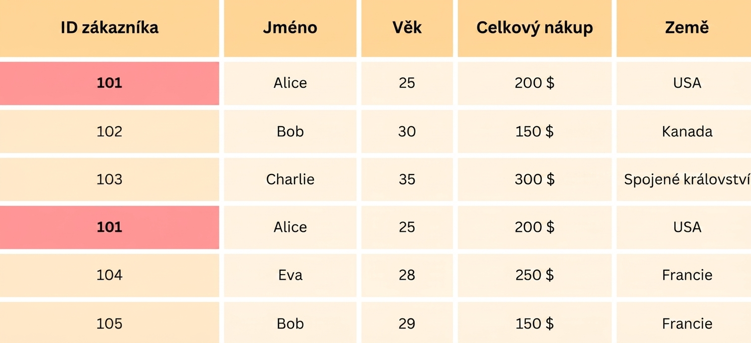 Tabulka odstraňování duplicit se zvýrazněným ID zákazníka.
