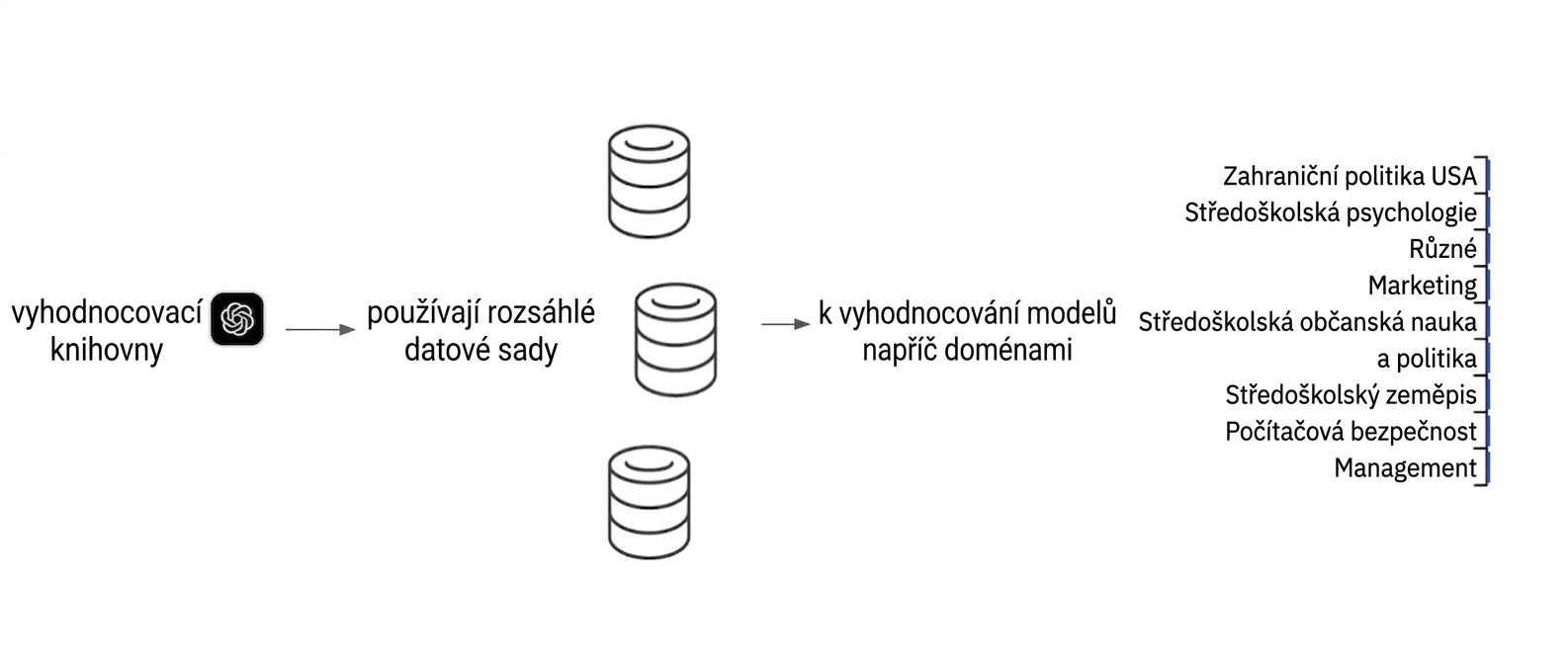 Diagram znázorňující ukázkovou evaluační knihovnu využívající různé datové sady k testování modelu