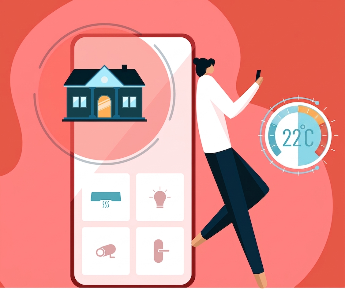 Ilustrace osoby ovládající teplotu domácnosti z telefonu
