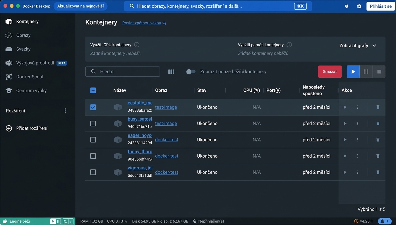 Docker Desktop – snímek obrazovky aplikace