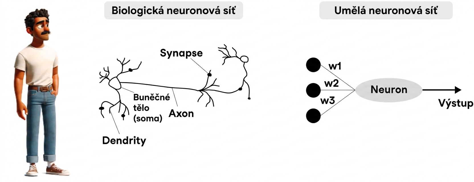 Ilustrace muže stojícího a hledícího na oválný tvar představující neuron