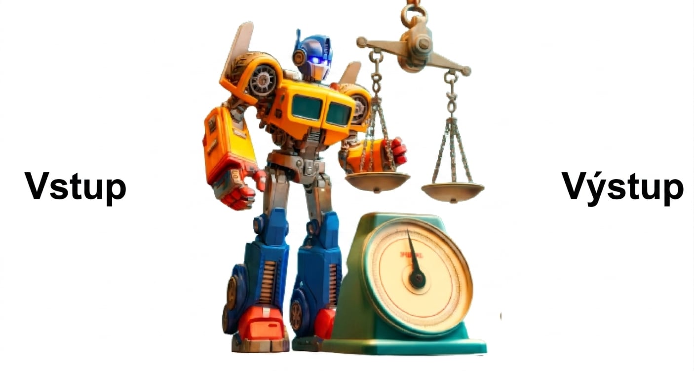 Robotická postava podobná transformátoru vedle váhy