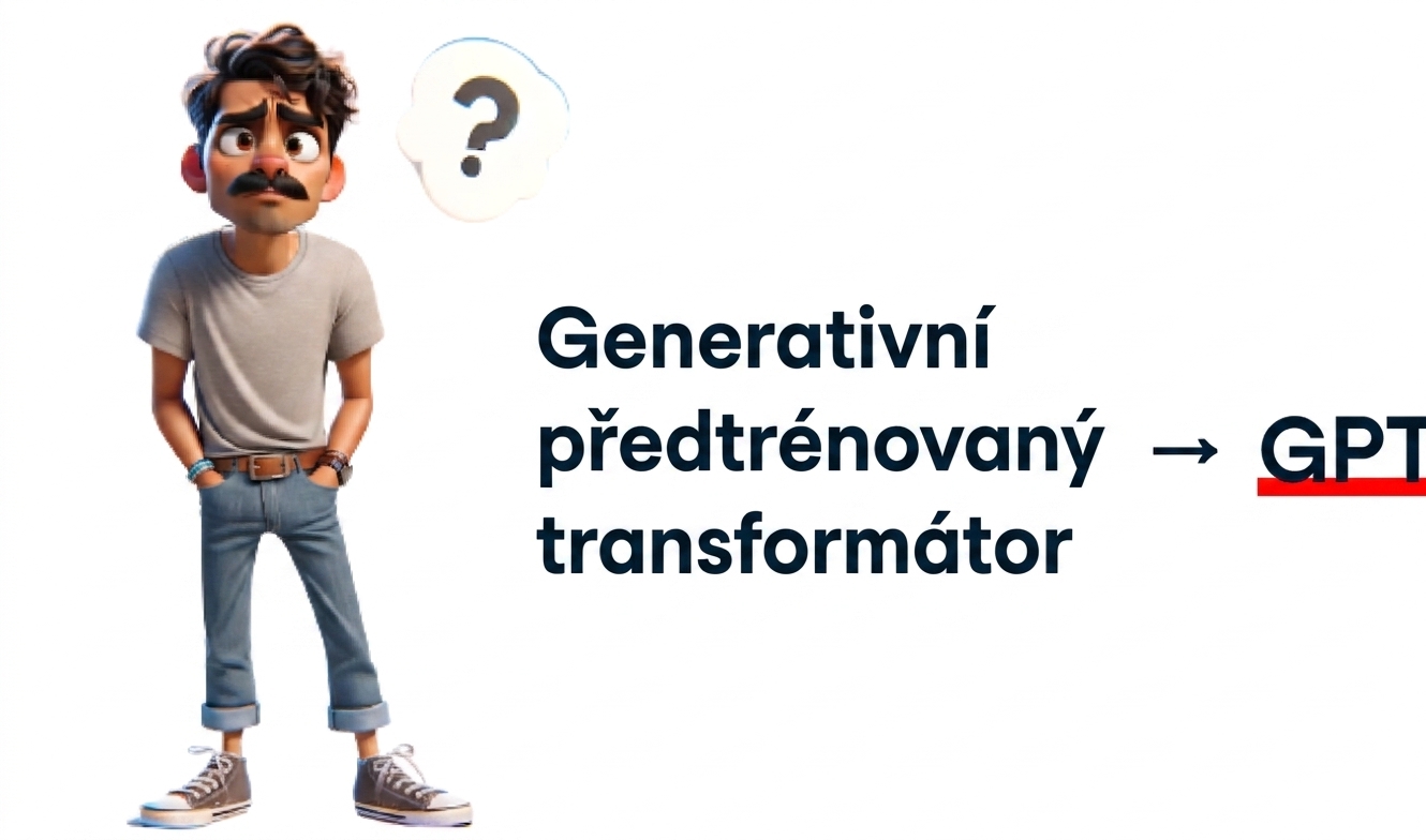 Ilustrace zmateného muže s otazníkem nad hlavou. Napravo text 'Generative Pre-trained Transformer' se šipkou ukazující na 'GPT' tučně a podtrženě