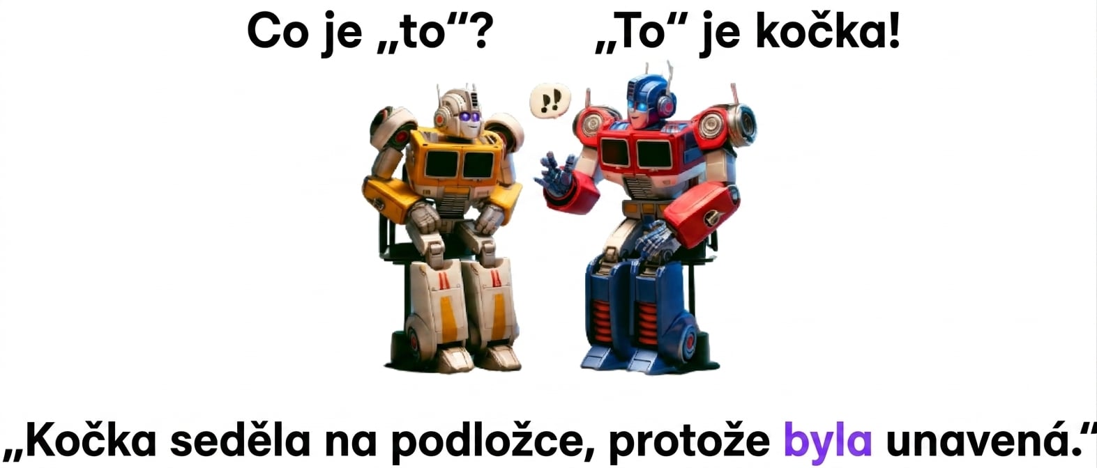 Dva barevní roboti sedící vedle sebe; robot vpravo gestikuluje rukou, jako by mluvil.
