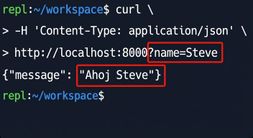 Terminál s příkazem curl se jménem. Odpověď: "Hello Steve."