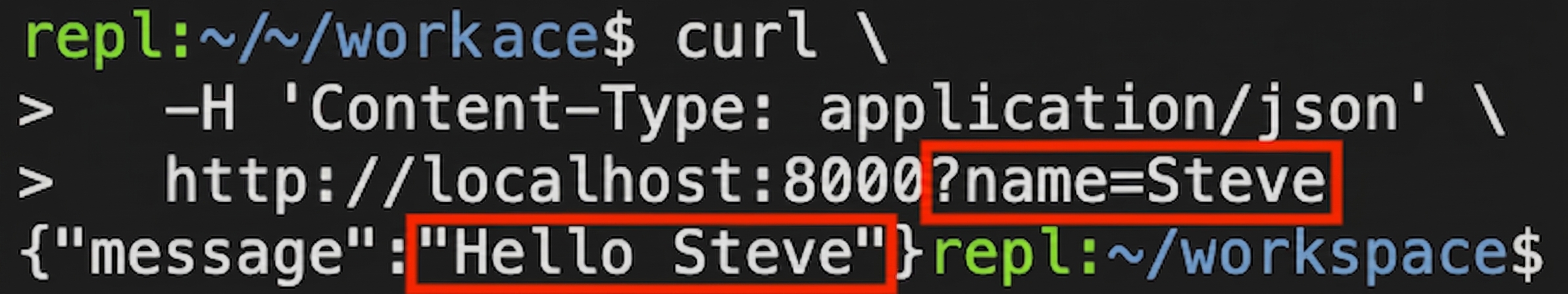 Terminál s příkazem curl se jménem. Odpověď: "Hello Steve."