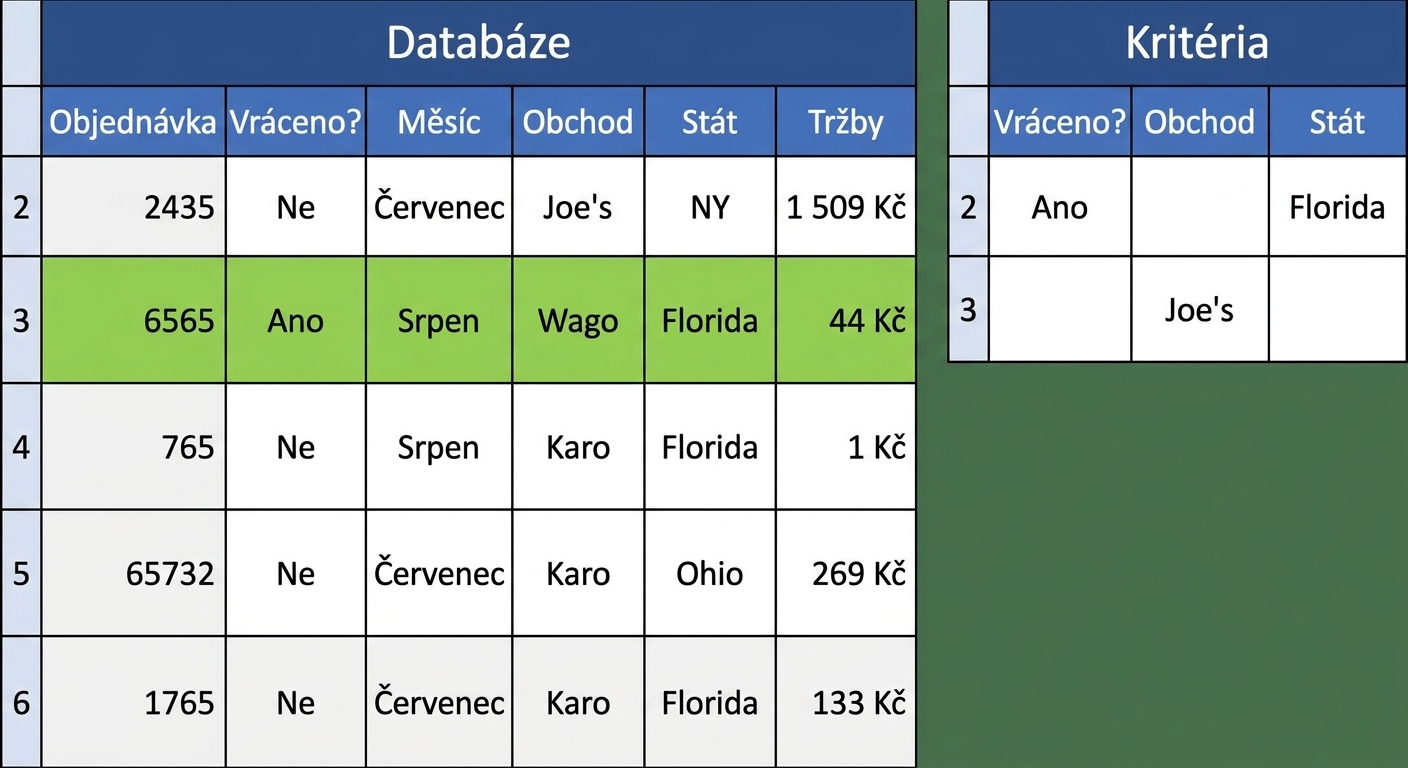 Příklad databázových funkcí a podmínek v Excelu