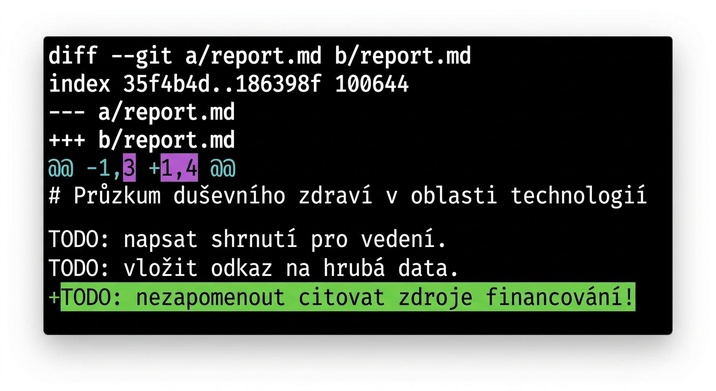 Výstup git diff pro první a třetí nejnovější commit – nejnovější verze obsahuje jeden navíc řádek