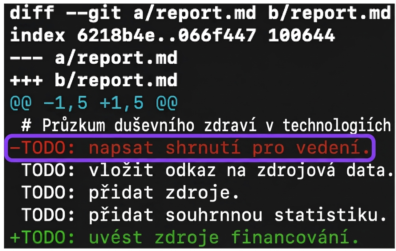 Výstup git diff s anotací a šipkou ukazující na pátý řádek výstupu obsahující "@@ -1, 5 +1, 5 @@", označující začáteční a koncové řádky obou verzí