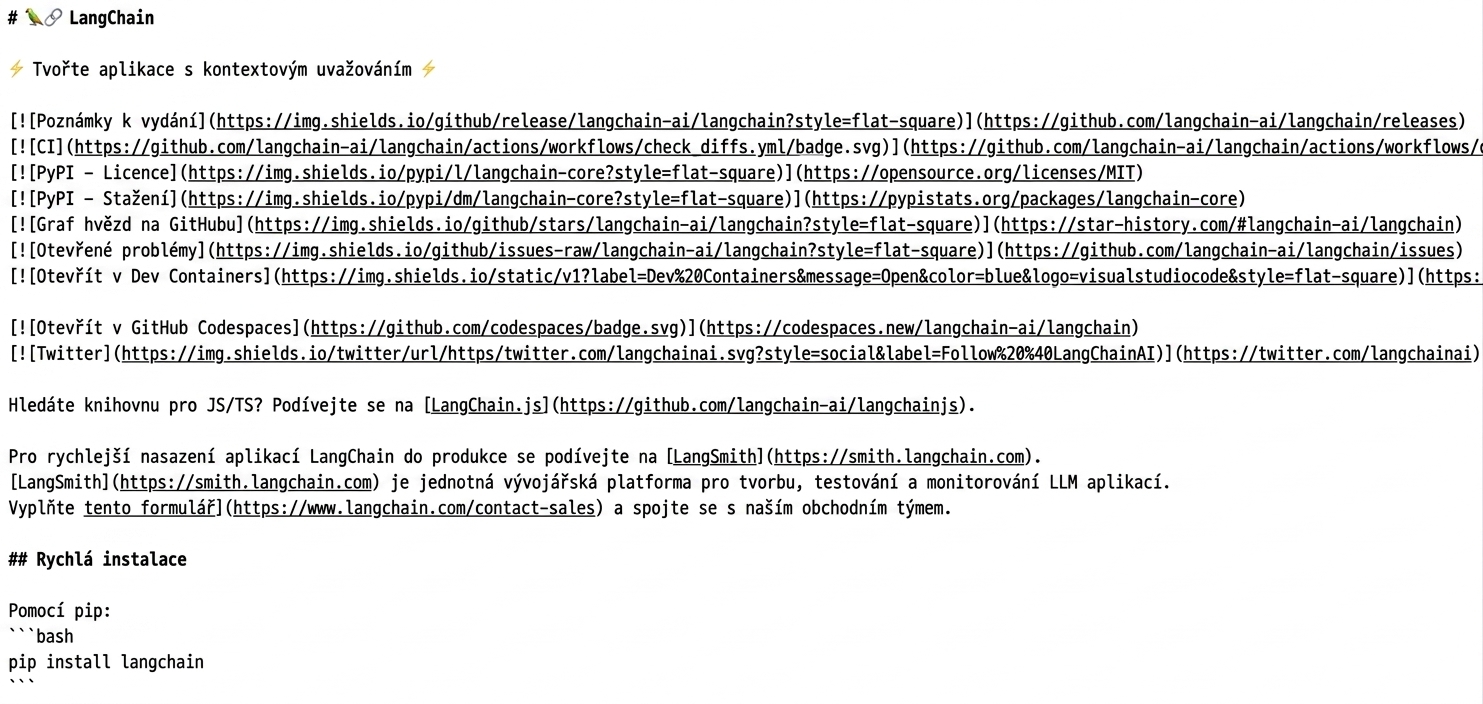 Zdrojový kód Markdown souboru README z repozitáře LangChain na GitHubu.