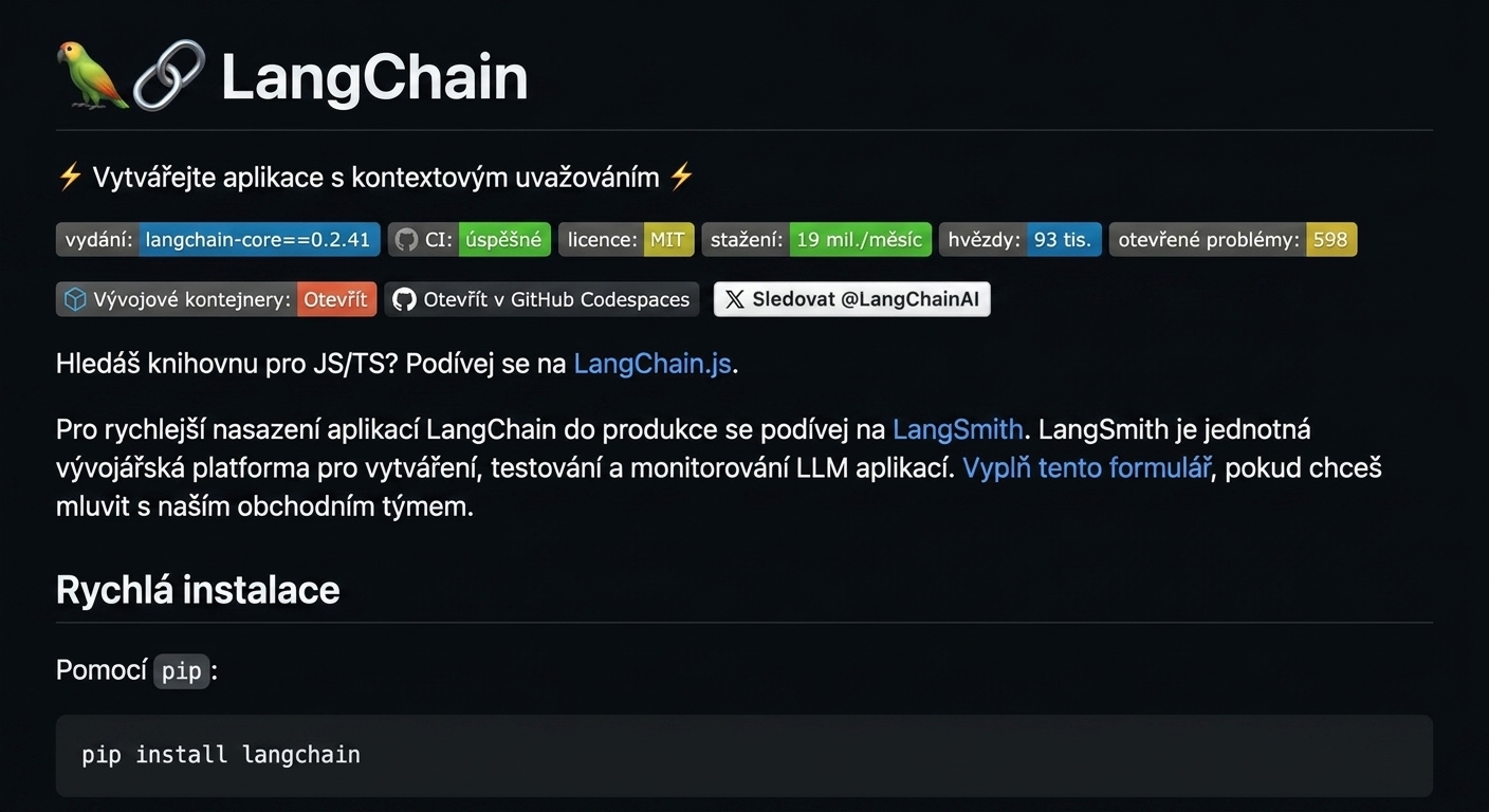 Vykreslený Markdown ze souboru README.md repozitáře LangChain na GitHubu.