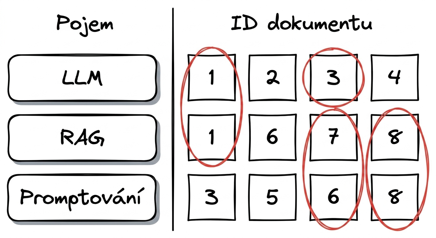 Dokumenty obsahující výskyty konkrétních pojmů; zvýrazněny jsou dokumenty s nejvíce shodami.