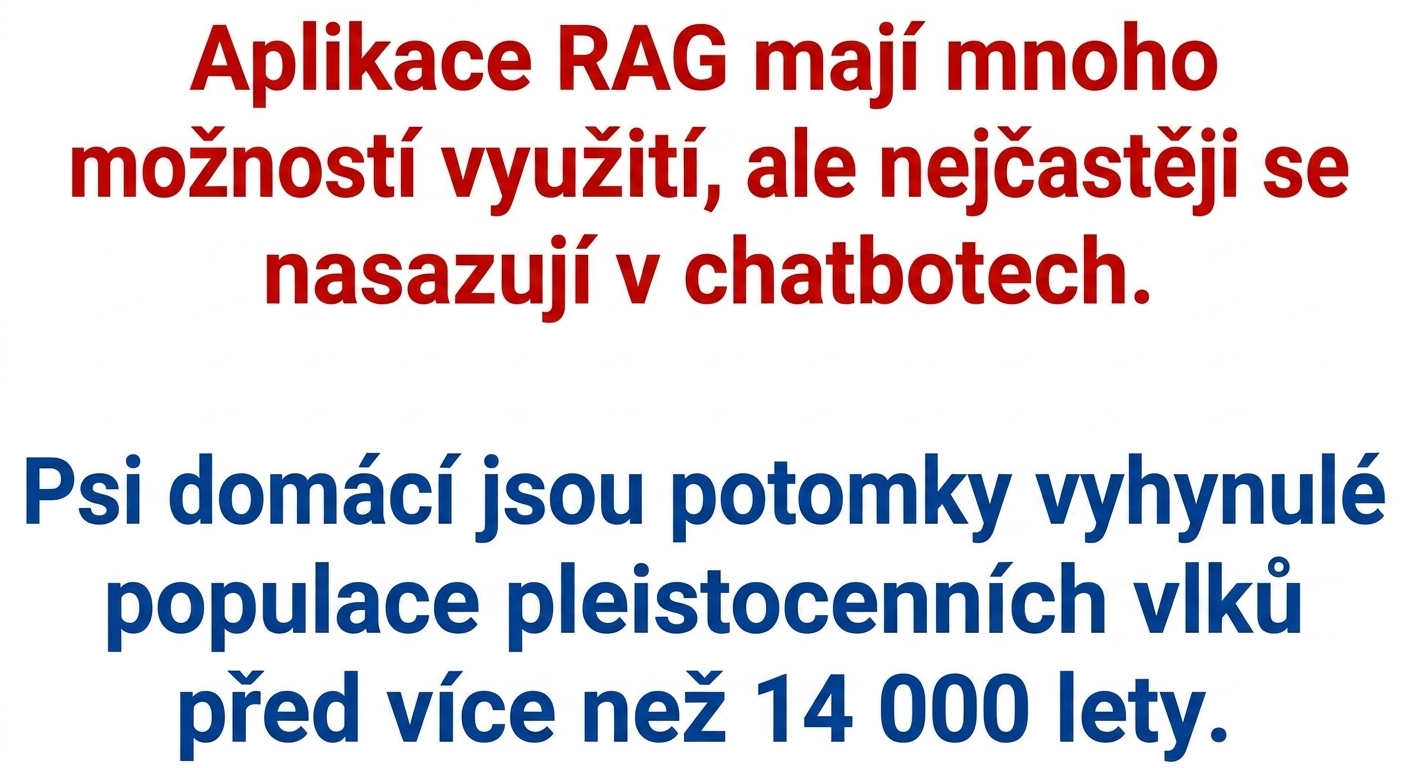 Sémantický rozdělovač rozdělil odstavec v místě, kde se téma mění z RAG na psy.