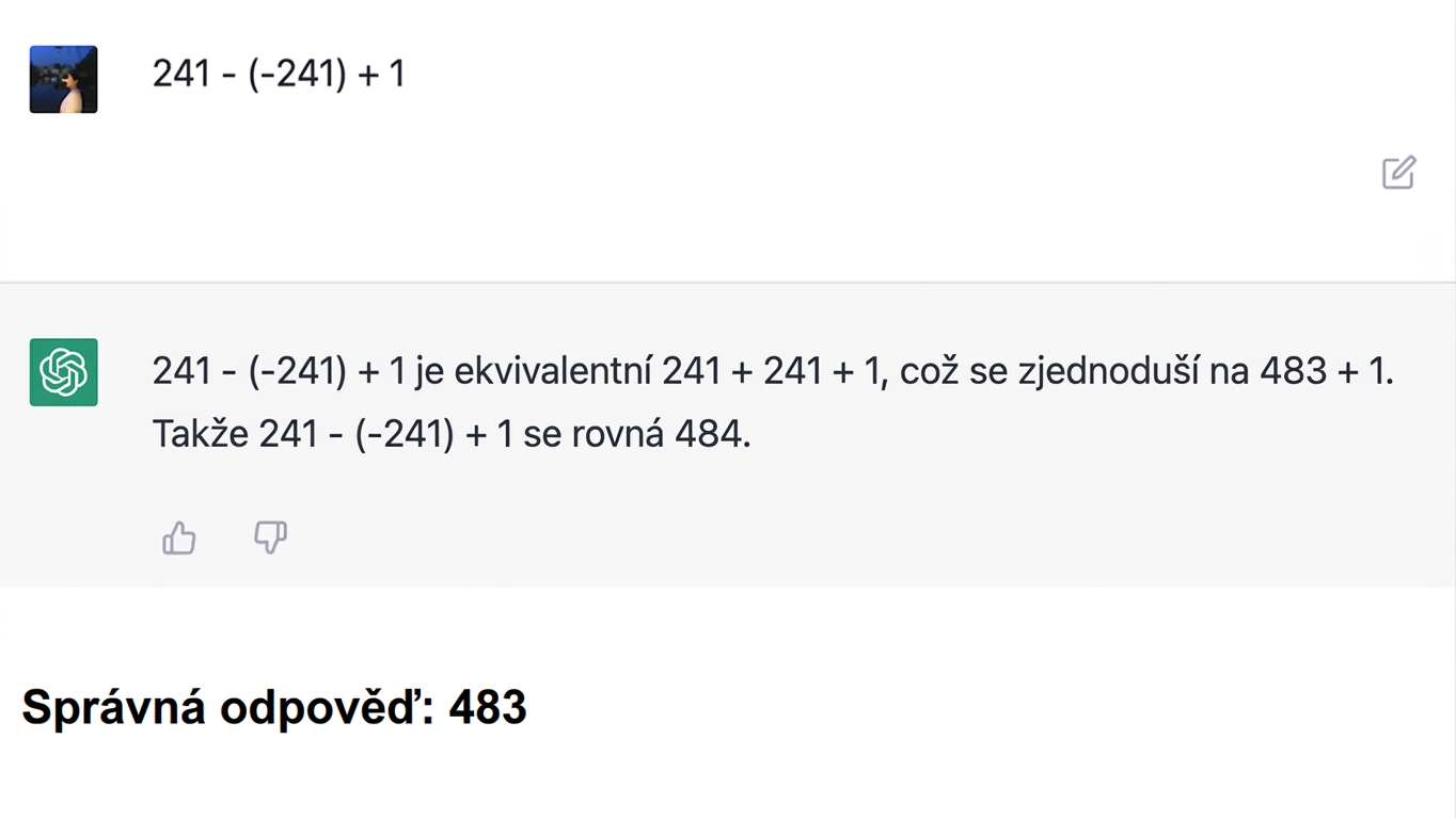 Snímek obrazovky s nepřesnou matematickou odpovědí ze staršího rozhovoru s ChatGPT. Správná odpověď „483" je přidána v dolní části obrázku.