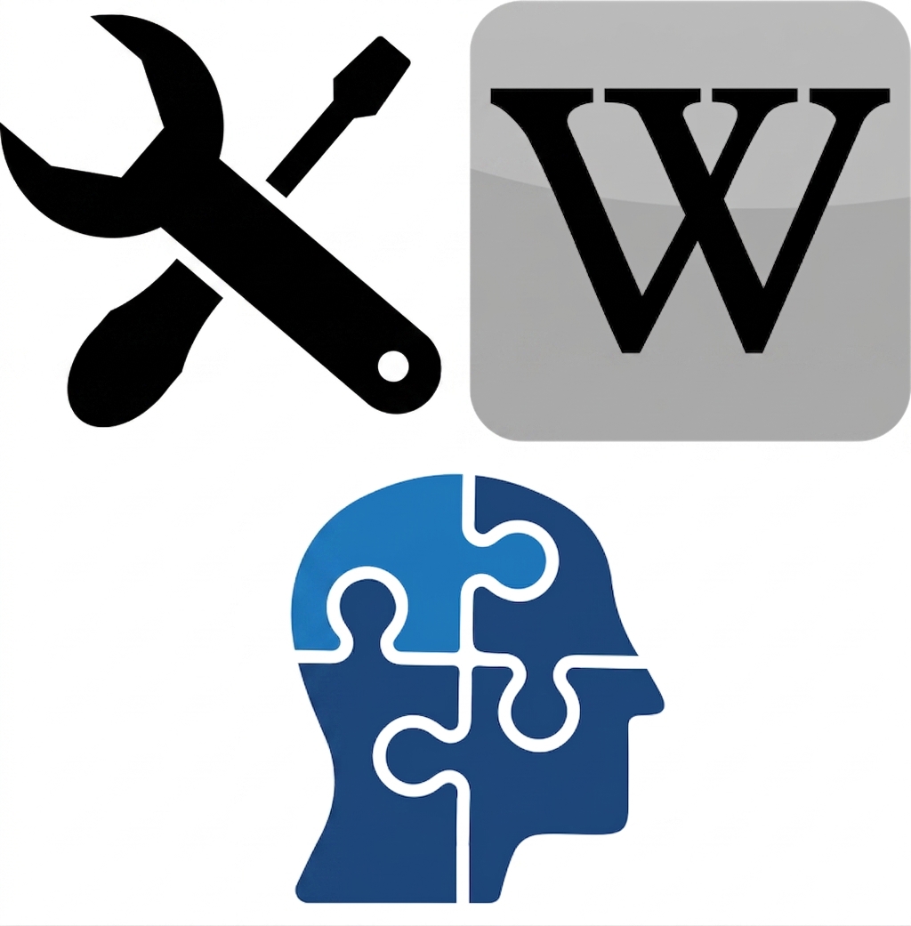 Ikona nástrojů, Wikipedie a puzzle lidské tváře.