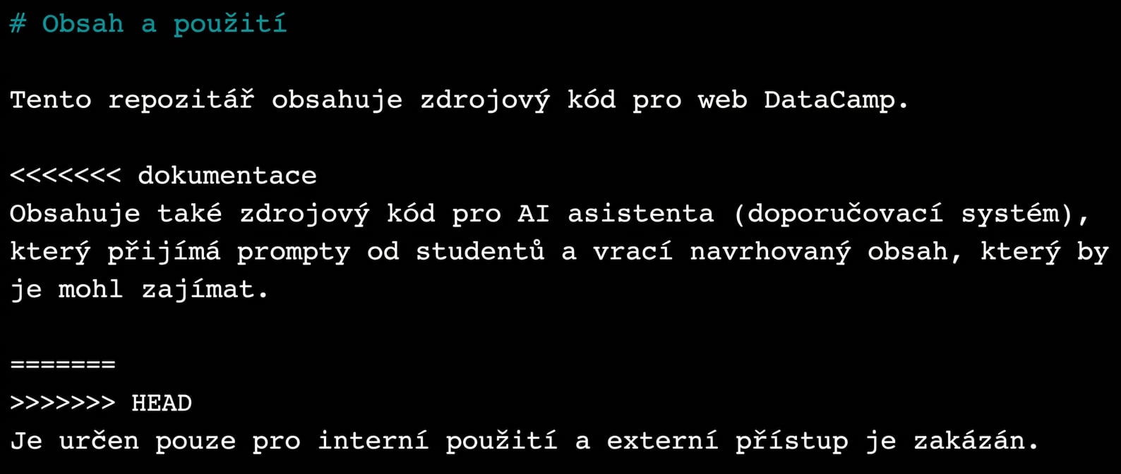 soubor README zobrazující části konfliktu v editoru nano