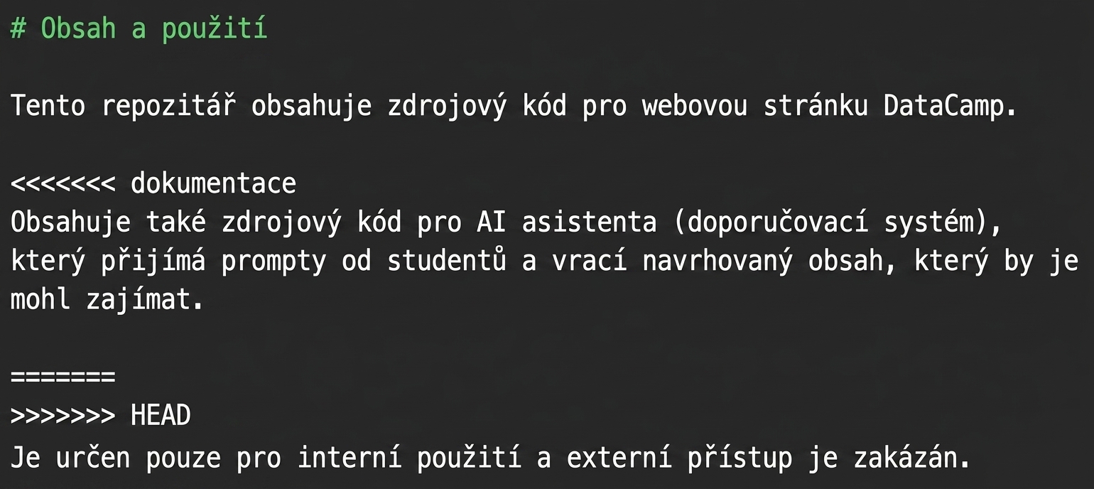 nano editor mazající Git syntaxi <<<<<<< documentation, =======, a >>>>>>> HEAD