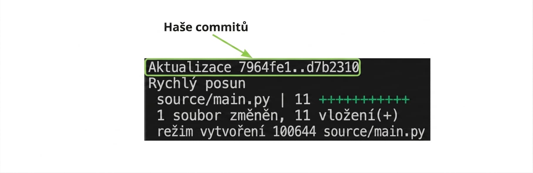 Výstup git merge se zvýrazněnými hashi commitů