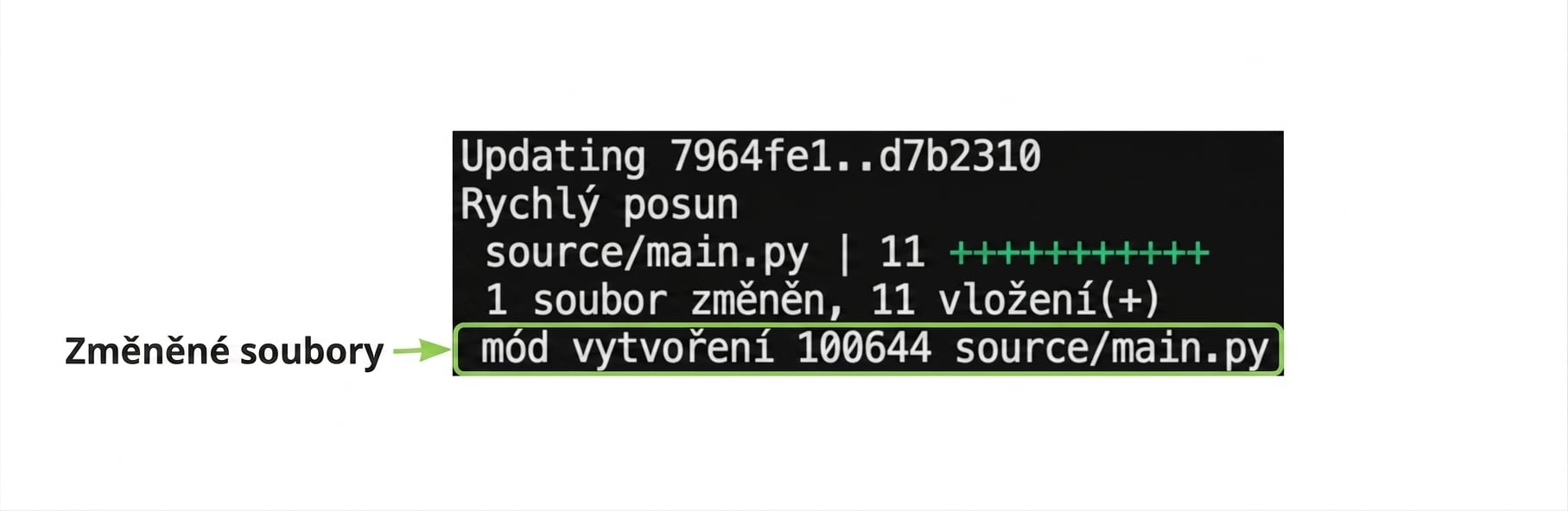 Výstup git merge se zvýrazněným posledním řádkem zobrazujícím název vytvořeného souboru