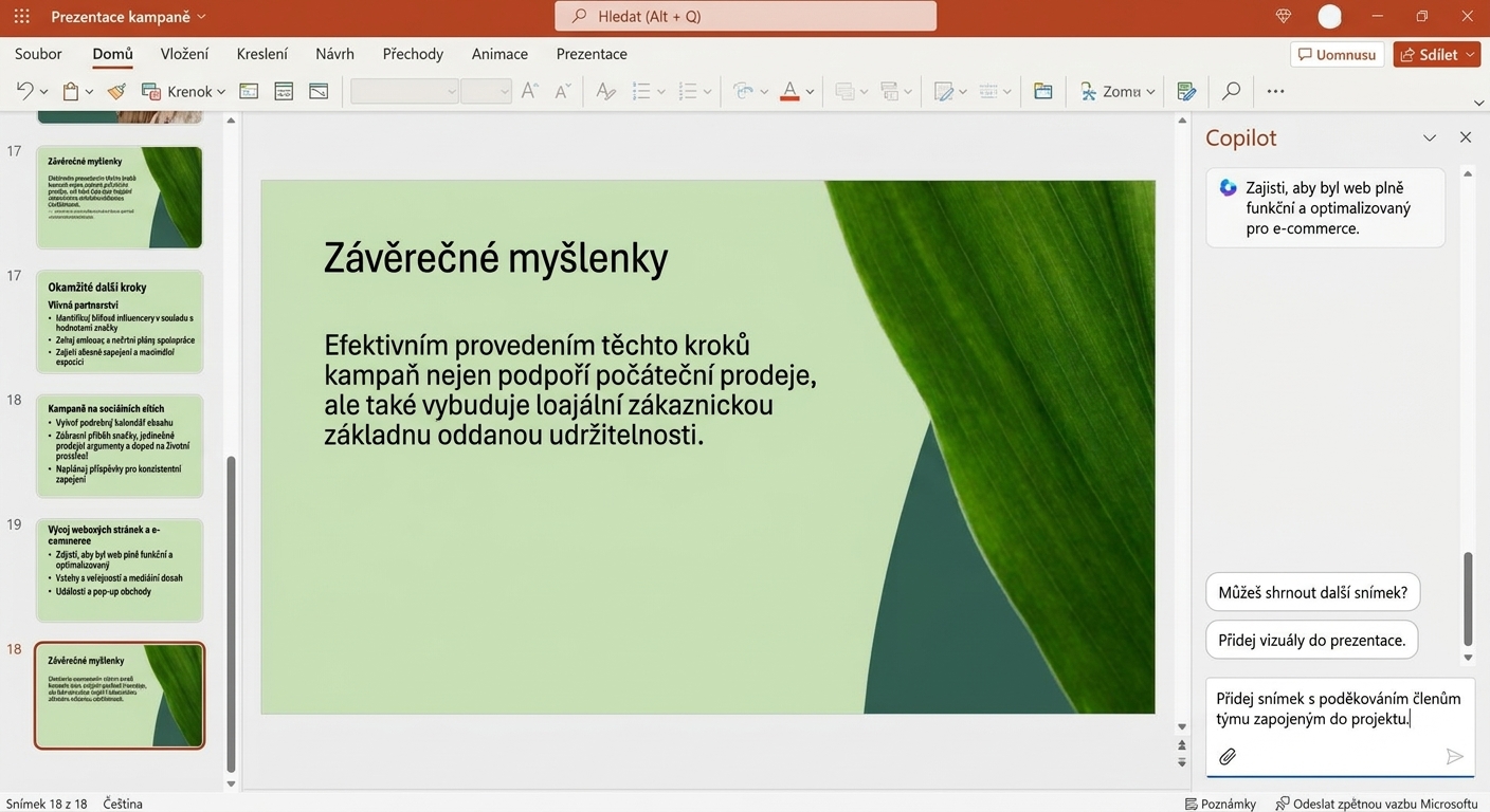 Snímek PowerPoint s otevřeným chatem Copilot, kde uživatel žádá o přidání dalšího snímku.