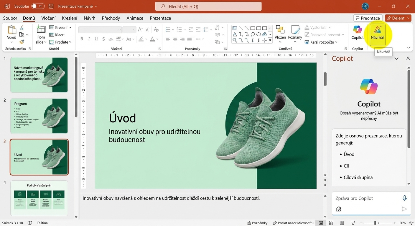 Snímek obrazovky prezentace PowerPoint se zvýrazněnou funkcí Návrhář