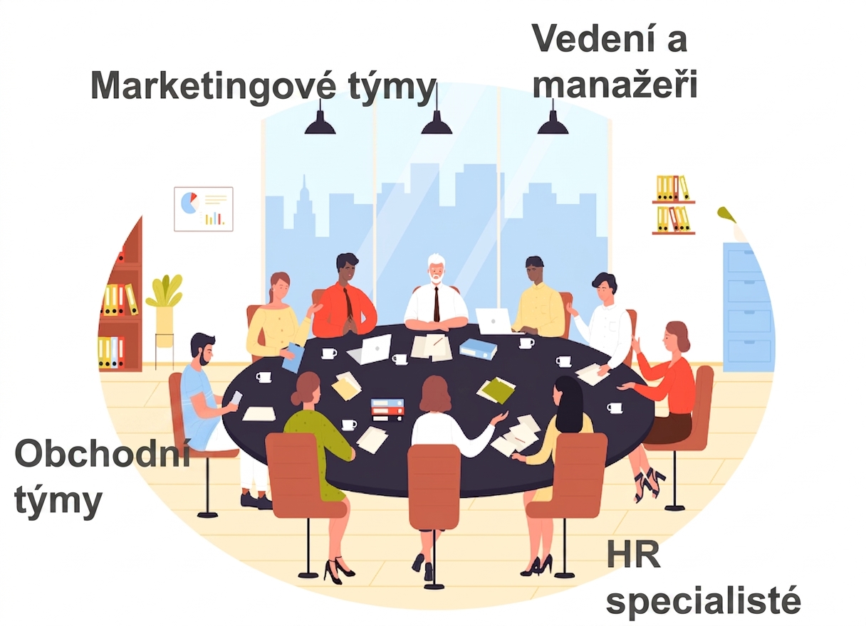 Ilustrace různorodé skupiny profesionálů, včetně pracovníků marketingu, prodeje, HR a manažerů, sedících u konferenčního stolu.