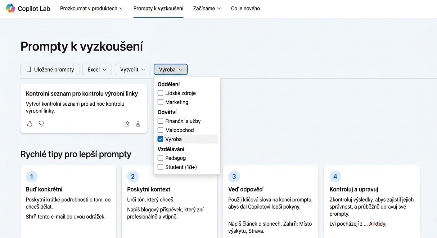 Série navrhovaných promptů z Copilot Lab s rozbalovacím filtrem.
