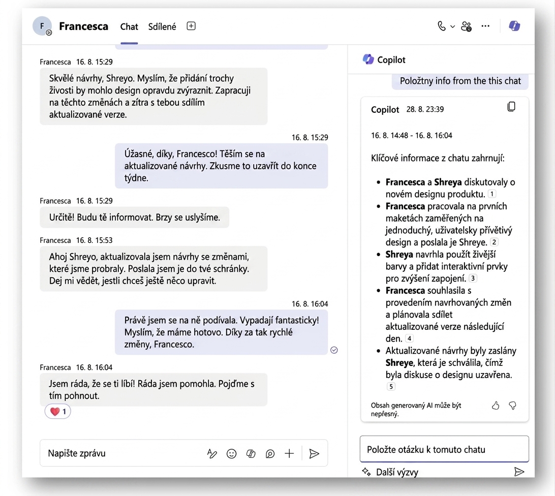 Copilot zobrazující klíčové informace z chatu.