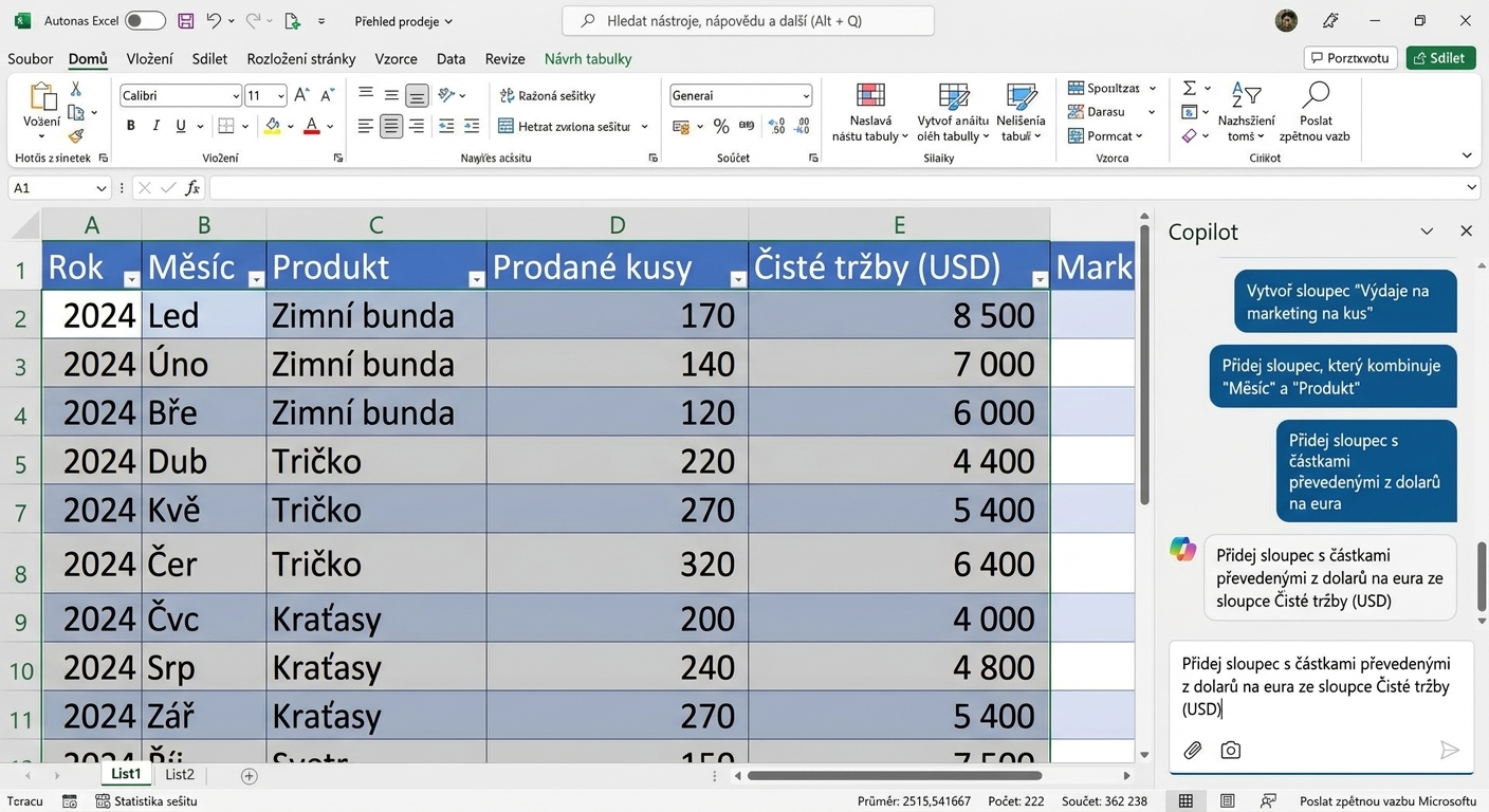 Otevřený dokument Excel s daty o oblečení a otevřeným chatem Copilot, kde uživatel žádá o převod hodnot na eura.