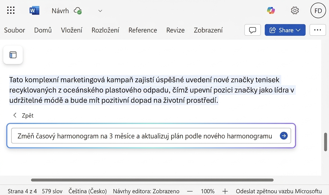 Otevřený chat Copilota, kde uživatel žádá o změnu časového harmonogramu.