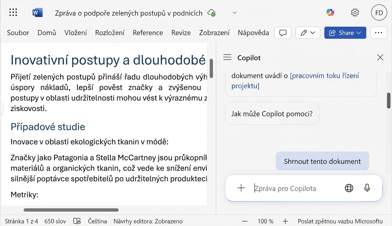 Snímek otevřeného dokumentu Word s otevřeným chatem Copilota po jeho boku, kde uživatel žádá o shrnutí dokumentu.