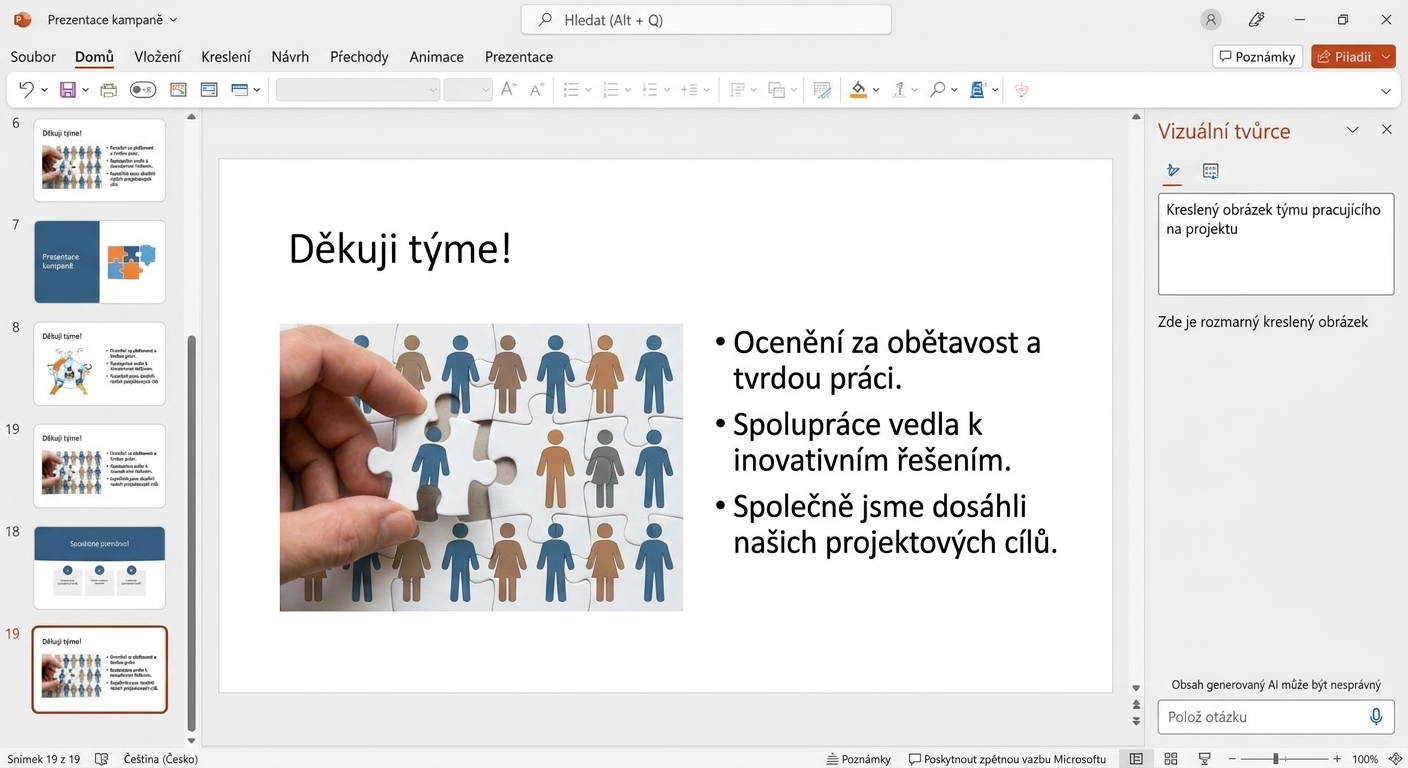 Snímek obrazovky snímku PowerPoint s otevřeným chatem Copilot, kde uživatel žádá o uspořádání snímků.