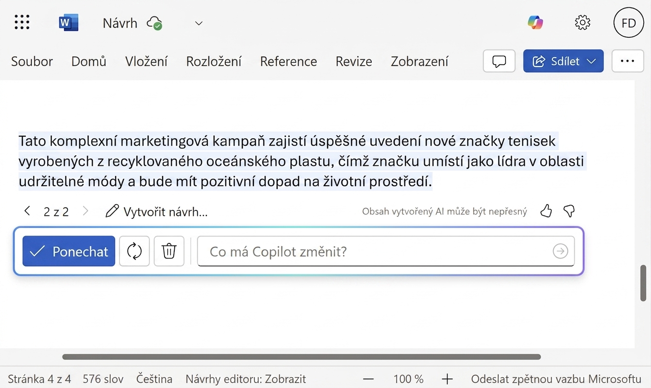 Otevřený chat Copilota s možností ponechat koncept nebo položit další otázky.