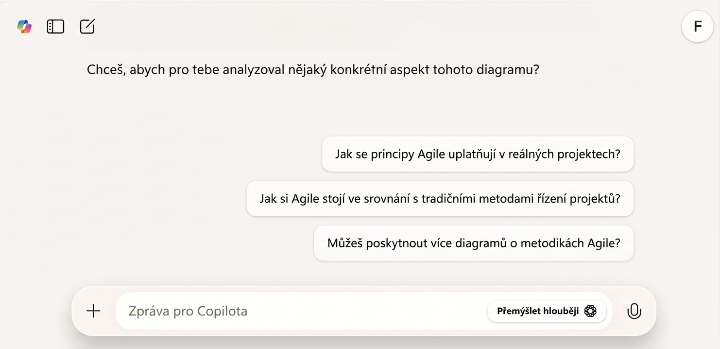 Odpověď Copilotu s navrženými doplňujícími otázkami