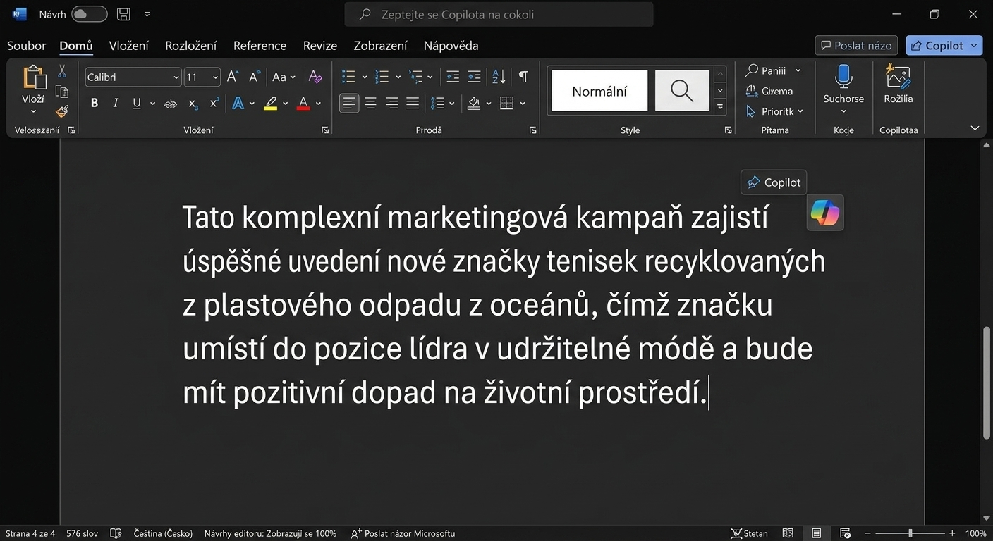 Odstavec v dokumentu, který je třeba upravit, s různými variantami navrženými Copilotem
