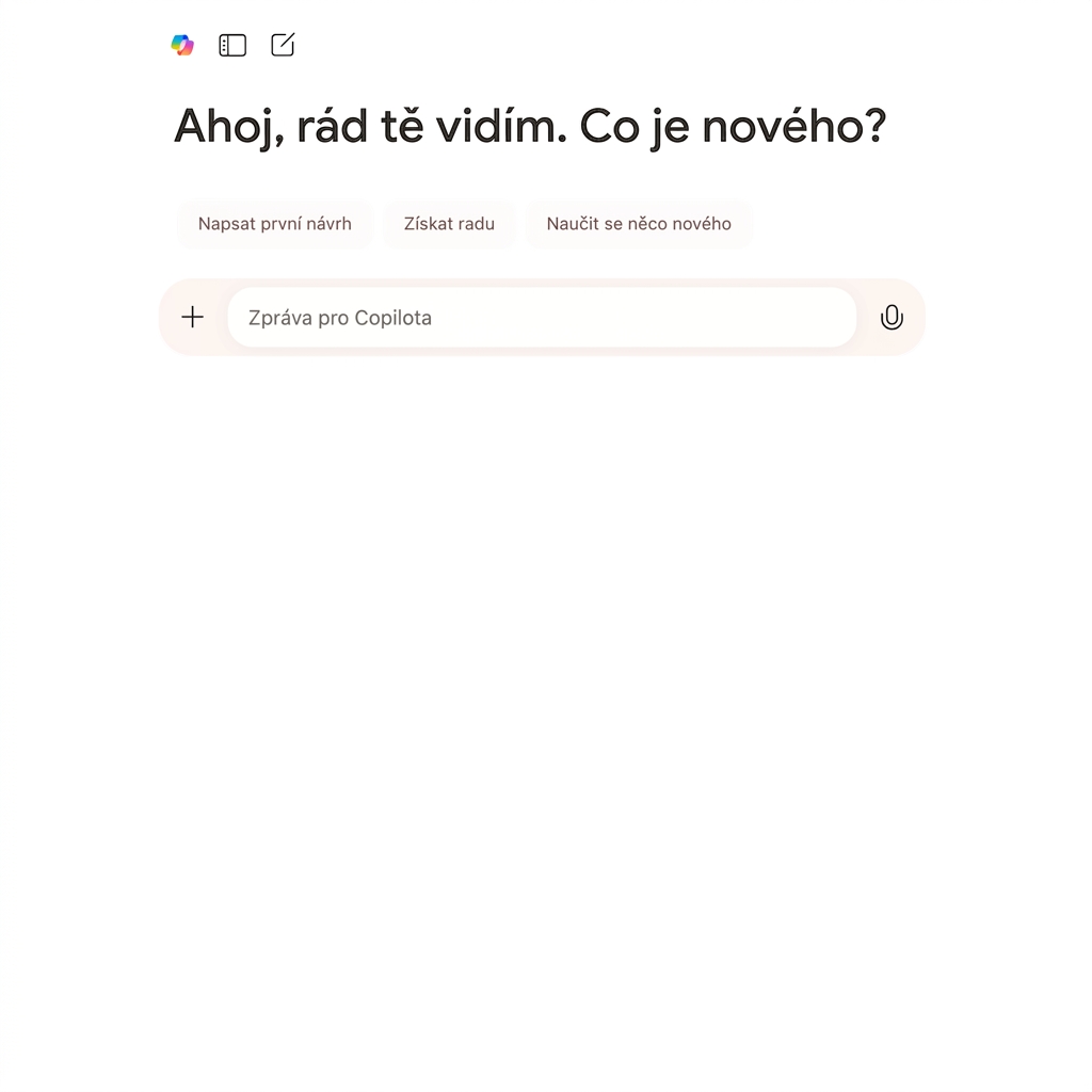 Chat Copilotu s uvítací zprávou