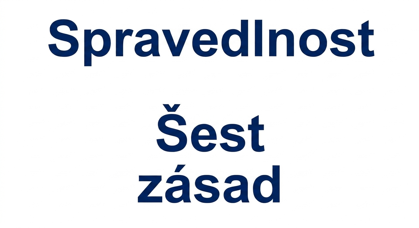 Text „šest principů“ obklopený pojmy označujícími tyto principy: spravedlnost