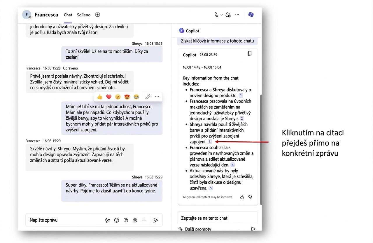 Snímek obrazovky chatu Microsoft Teams s otevřeným bočním chatem s odpovědí Copilota a červenou šipkou ukazující na odkaz na původní zprávu.