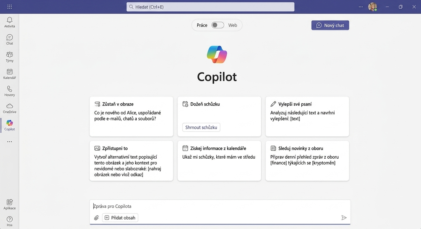 Rozhraní Copilotu pro Microsoft 365 s možnostmi produktivity, jako je maximalizace času, správa e-mailů a pomoc s psaním.